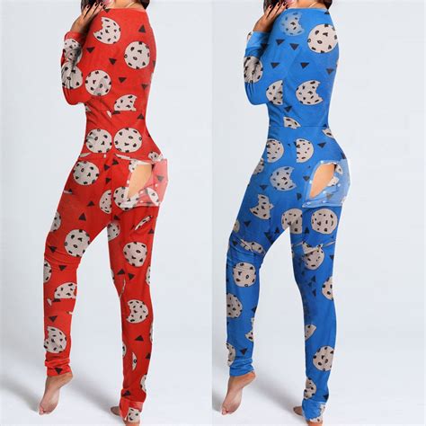 Hot Open Butt Bodysuit Womens Onesies Button Down Print Pajama Set Functional Buttoned Flap