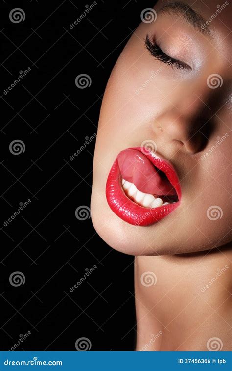 Carnality Lust Provocative Woman Licking Her Red Lips Passion Stock Photo Image Of