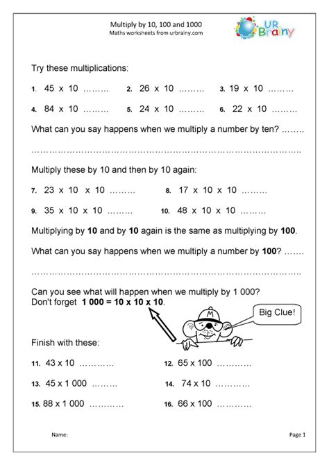 Multiply Whole Numbers By 10 100 And 1000 Worksheet