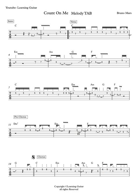 Bruno Mars Count On ME Melody TAB By Learning Guitar Sheet