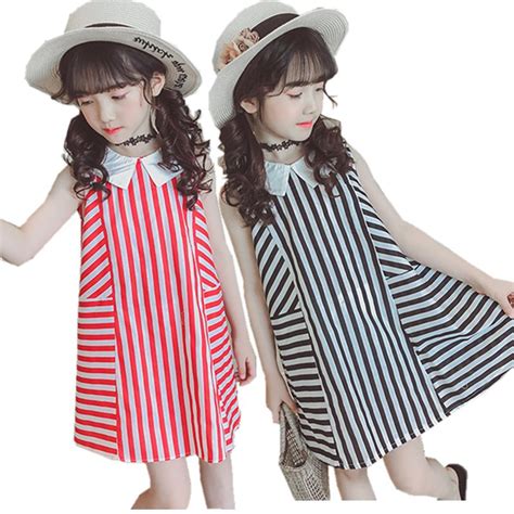 Fancy Lovely Girls Stripe Summer Dress Chilren Turn Down Collar