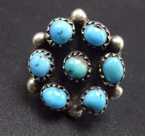Vintage Navajo Sterling Silver Turquoise Petit Point Cluster Ring