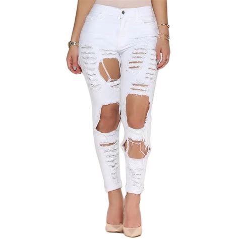 2019 New White Hole Ripped Jeans Women Jeggings Cool Denim High Waist Pants Capris Female Skinny