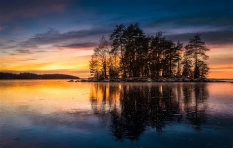 Wallpaper Trees Sunset Lake Reflection Island Finland Finland