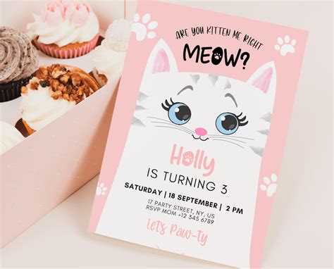 Editable Kitten Birthday Invitation Kitty Cat Birthday Party Etsy
