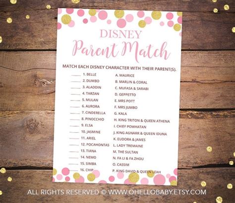 Printable Baby Shower Games Printable Disney Parent Match Etsy