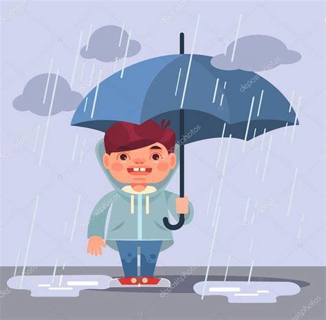 Little Boy Character Under Rain Vector Flat Cartoon Illustration