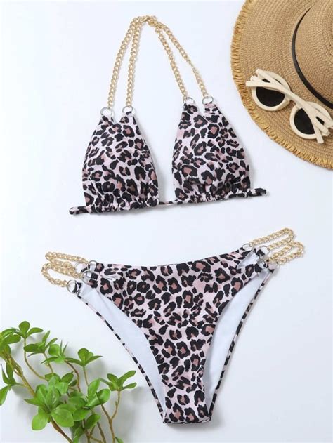 Leopard Chain Linked Triangle Bikini Swimsuit