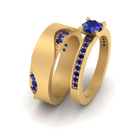 Matching Sapphire Wedding Ring Set His And Her Couple Set Yellow Gold