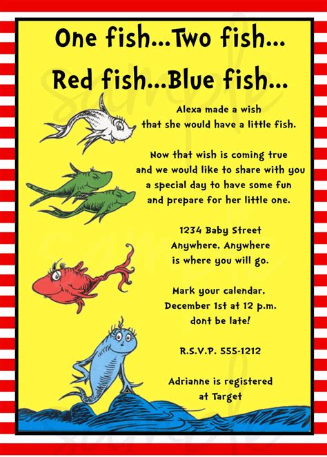Dr Seuss One Fish Two Fish Baby Shower Invitation 1250 Via Etsy
