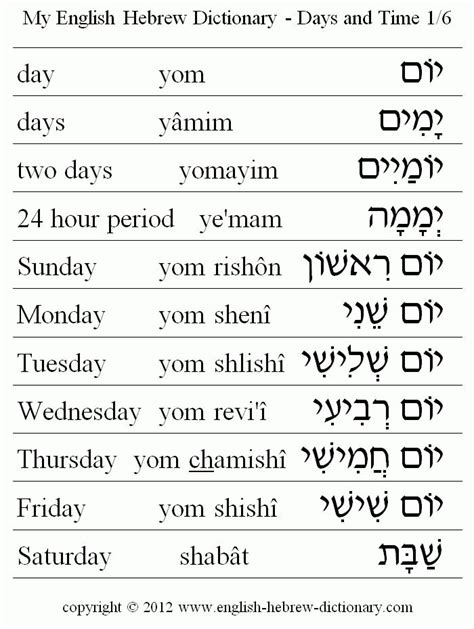 English To Hebrew Days And Time Vocabulary Day Days Two Days 24