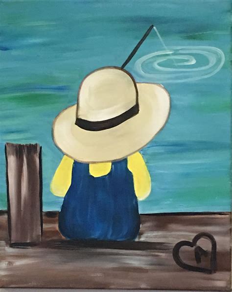 Little Kid Fishing On The Pier With Heart Beginner Painting Idea