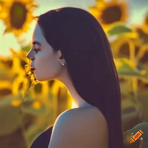 girl with dark hair in a field of sunflowers