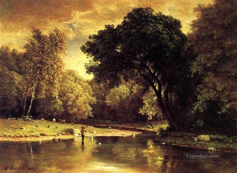 Fisherman In A Stream Tonalist George Inness Painting In Oil For Sale