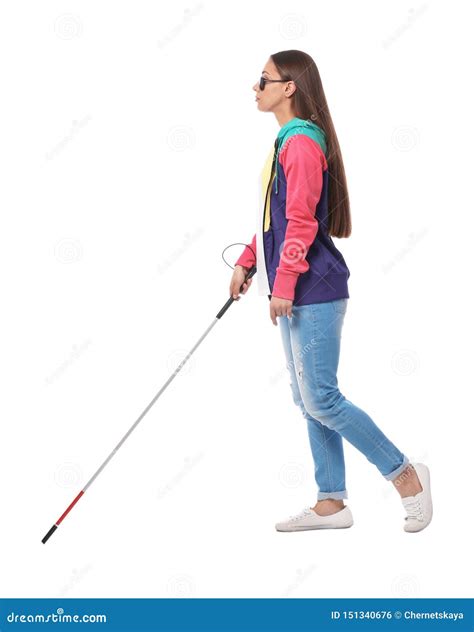 Young Blind Person With Long Cane Walking On White Stock Photo Image