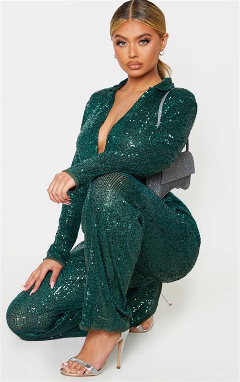 Green Sequin Collar Detail Jumpsuit Prettylittlething Usa