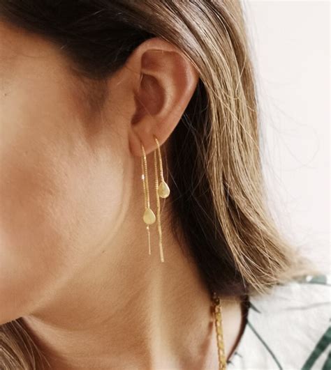 Threader Earrings Gold Plated Chain Earrings Drop Threader Etsy