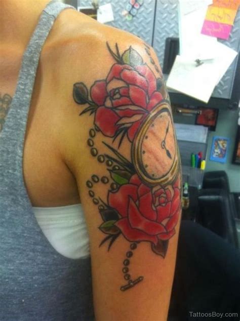 Rose Flower And Clock Tattoo On Shoulder Tattoo Designs Tattoo Pictures