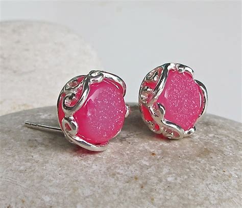 Pink Druzy Stud Earring Classic Pink Stud Bridesmaids Gift Earring Druzy Sterling Silver