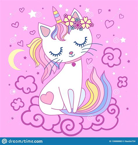 Cute Cartoon Rainbow Cat Unicorn On A Pink Background Vector Cute