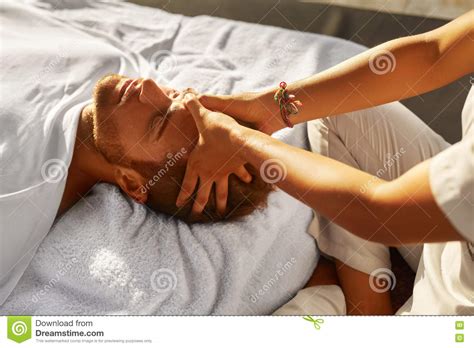 Spa Massage Man Enjoying Relaxing Head Massage Outdoors Beauty Stock