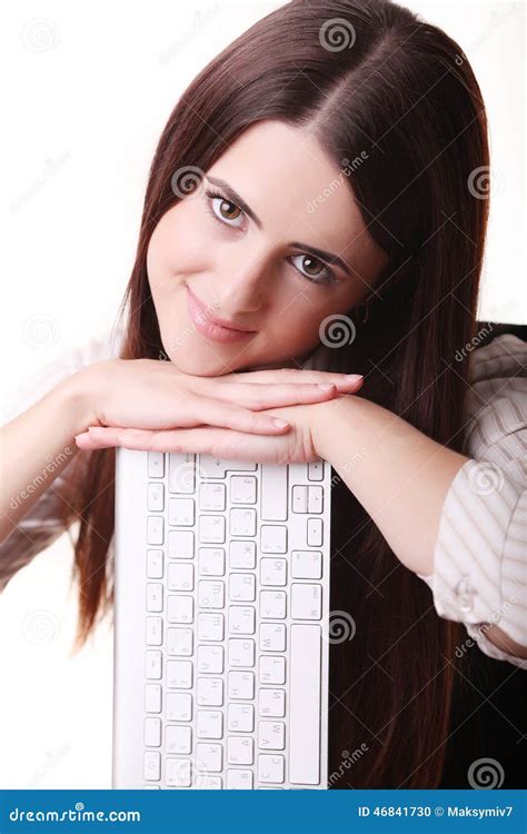 Young Happy Woman Holding Keyboard Over White Background Stock Photo