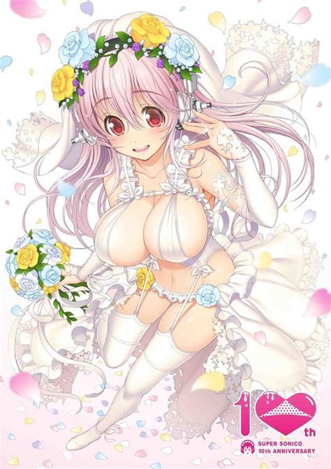 Super Sonico Nitroplus 1girl Anniversary Breasts Large Breasts Long Hair Pink Hair Smile