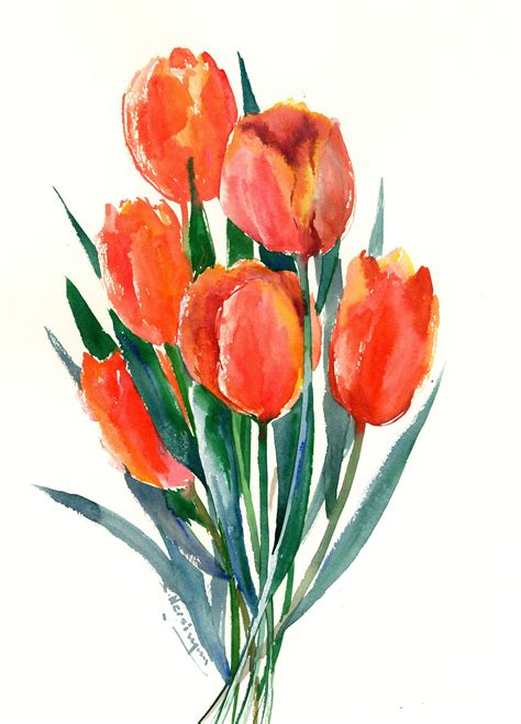 Peach Colorstulip Flowers Tulips Art Tulips Painting Original One