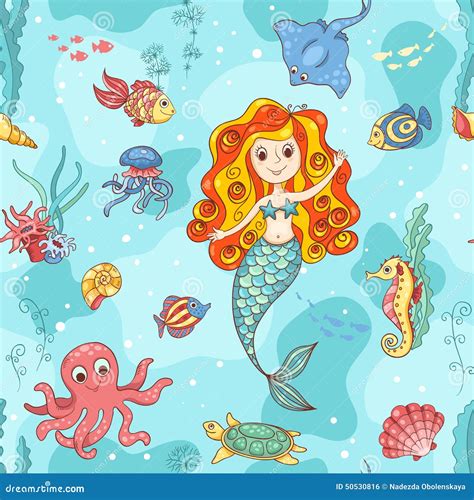 Seamless Pattern With Red Mermaid Stock Vector Illustration Of