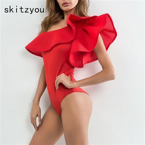Skitzyou Sexy Sleeveless Summer Bodysuits Ruffles Women Red White Slim Beach Hot Black Skinny