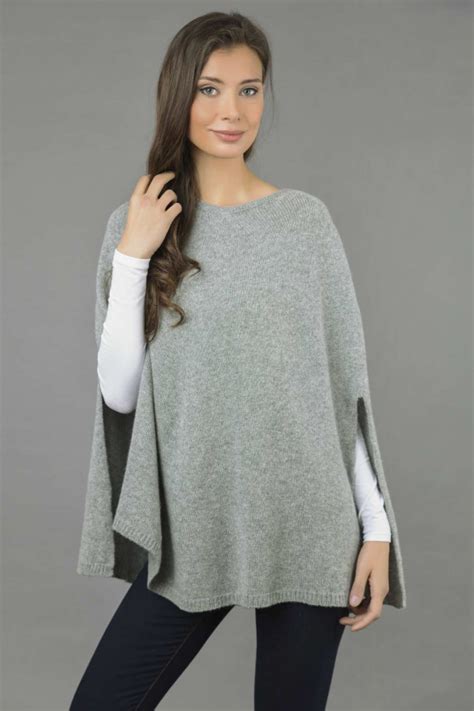 Pure Cashmere Poncho Cape Plain Knitted In Light Gray Italy In