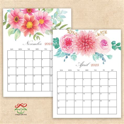2023 Digital Printable Calendars Watercolor Floral Desk Etsy