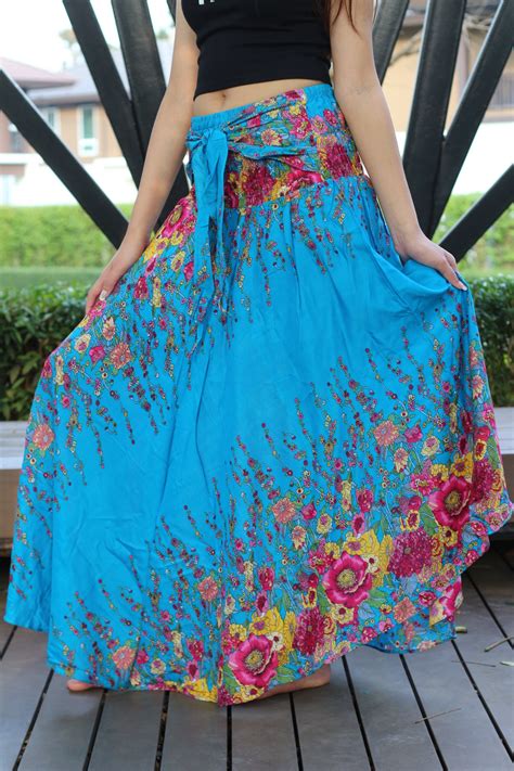 Flower Maxi Skirt Gypsy Skirt Hippie Skirt One Size Fits Blue Etsy