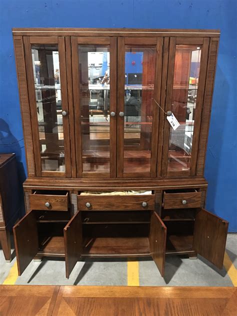 Glass Front Lighted Oak Buffet And Hutch China Cabinet