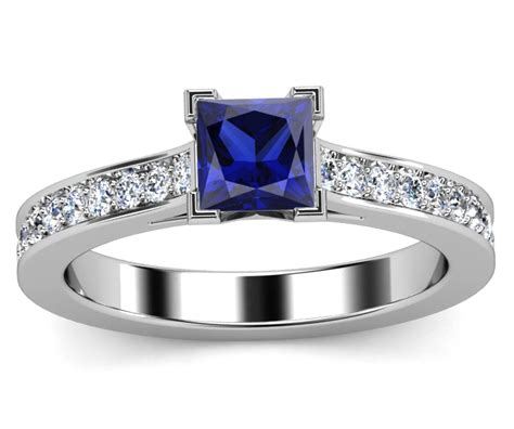 European Engagement Ring Princess Cut Sapphire 14k White Gold Ring