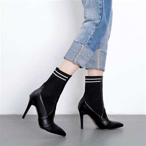 Monmoira Patchwork Stripped Knitting Sock Boots Women Pointed Toe High Heel Women Boots Sexy