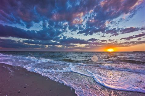 Sunset Sea Waves Coast Landscape Wallpapers Hd