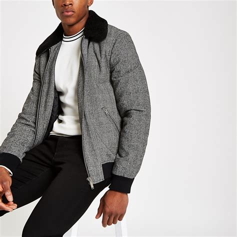 High quality thick winter men bomber jacket mandarin collar zipper closure type top rated seller. Grey check faux fur collar bomber jacket | River Island