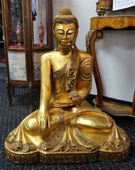Large Antique Wooden Bejeweled Buddha Statue