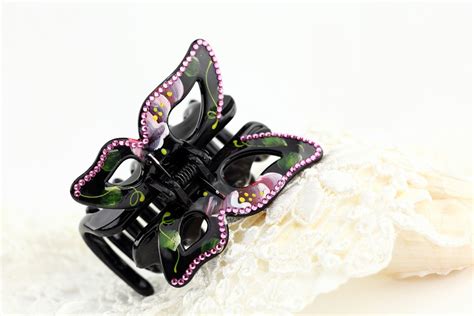 Crystal Butterfly Hair Claw Cliphand Painted Floral Etsy