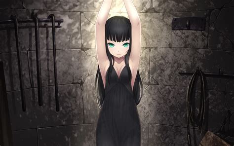 Dress Cleavage Tears Long Hair Whips Green Eyes Crying Anime Girls Black Hair 1680x1050