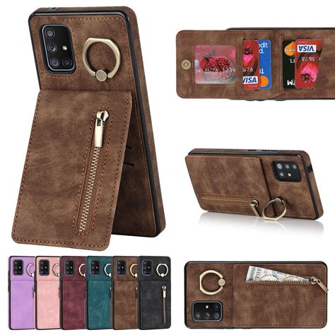 Leather Wallet Card Slot Pocket With Finger Ring Holder Zipper Cover