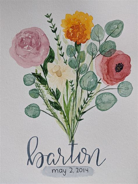 5x7 9x12 Custom Birth Flower Bouquet Watercolor Painting Etsy