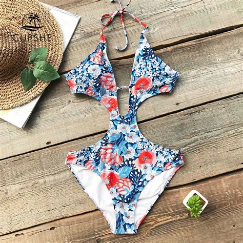 Cupshe Flora Print Halter One Piece Swimsuit Women Cutout Backless Sexy