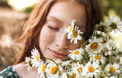 Wallpaper Girl Flowers Face Mood Chamomile Freckles Red Redhead