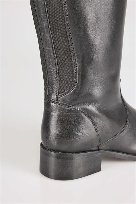 Black Knee High Leather Riding Boots With Elasticated Panels In Eee Fit