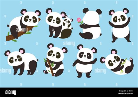 Cute Pandas Cartoon Bear Mascot Panda With Bamboo Branch And Adorable