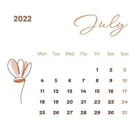 Calendrier De Juillet 2022 Avec Dessin Au Trait De Fleurs Png Juillet