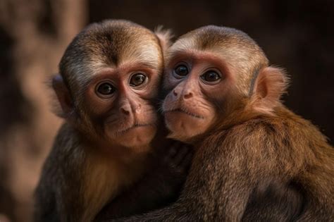 Premium Photo Two Monkeys Cuddling Together In A Dark Forest