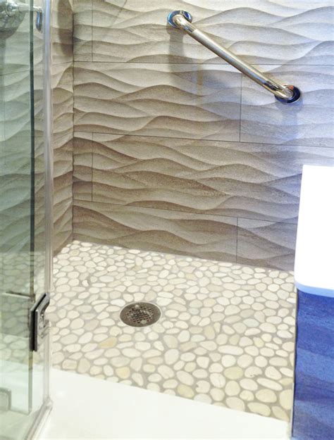 White Pebble Tile Shower Floor With Textured Walls Pebble Tile Shop